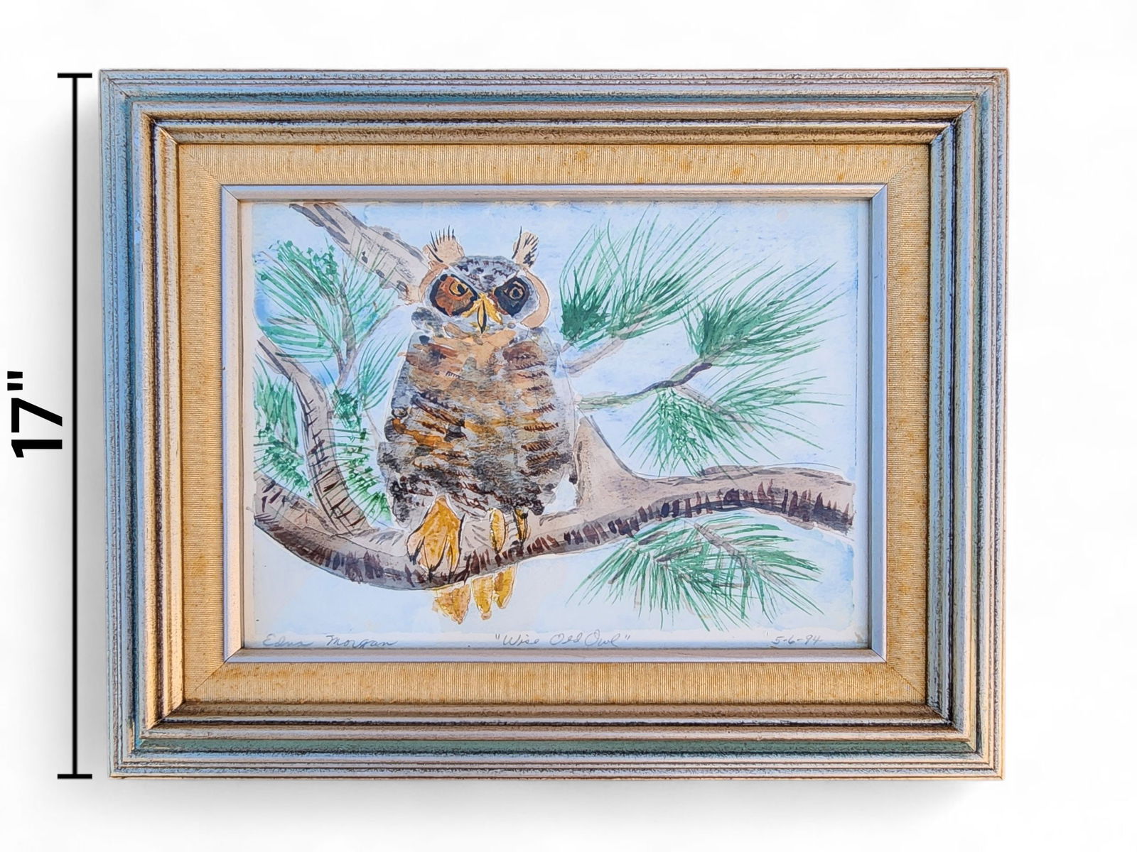 Wise Old Owl Watercolor, Signed Edna Morgan: Wise Old Owl Watercolor, Signed Edna Morgan. Also received 1st place award attached to the back. The painting is dated 5-6-94, Edna is associated with the Sarasota art community. Height 17" Width 14"