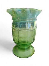 Green Opalescent Glass Vase w/ Ruffled Top