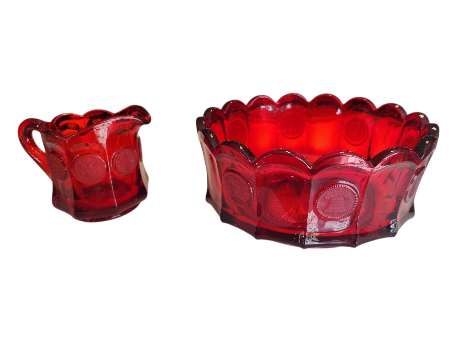 Fostoria Ruby Red Red Coin Glass Bowl & Creamer: Fostoria Ruby Red Red Coin Glass Bowl & Creamer Width Bowl 7" Height 3.5" Height Creamer 3.75"