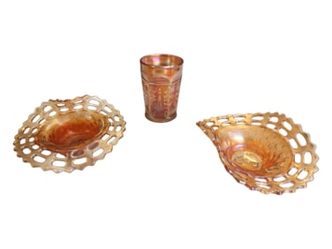 Group of Carnival Glass Basket Weave DIshes, & Fenton Marigold Butterfly & Berry Tumbler