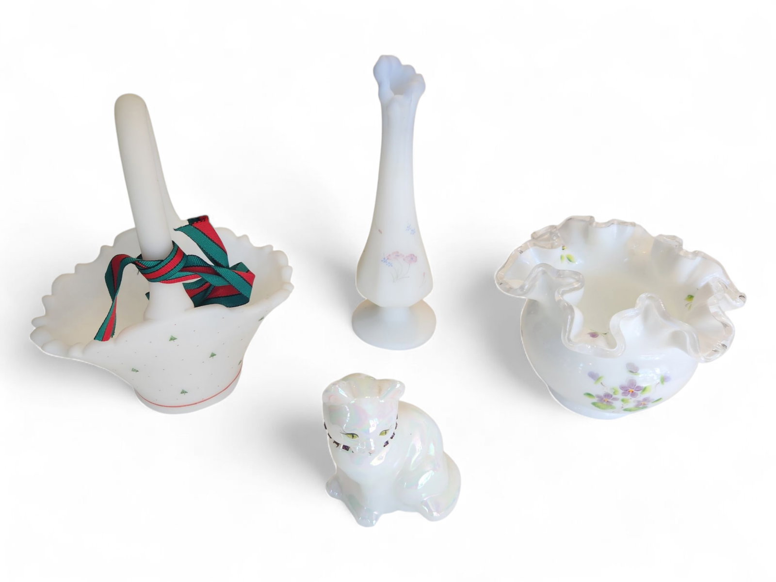 Group of Hand Painted & Hand Signed Fenton Glass Items: Group of Hand painted & Hand Signed Fenton Glass Items. On the cat it is missing on purple rhinestone.