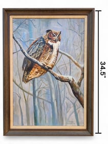 Great Horned Owl Oil Painting, Signed Irene Coughlin
