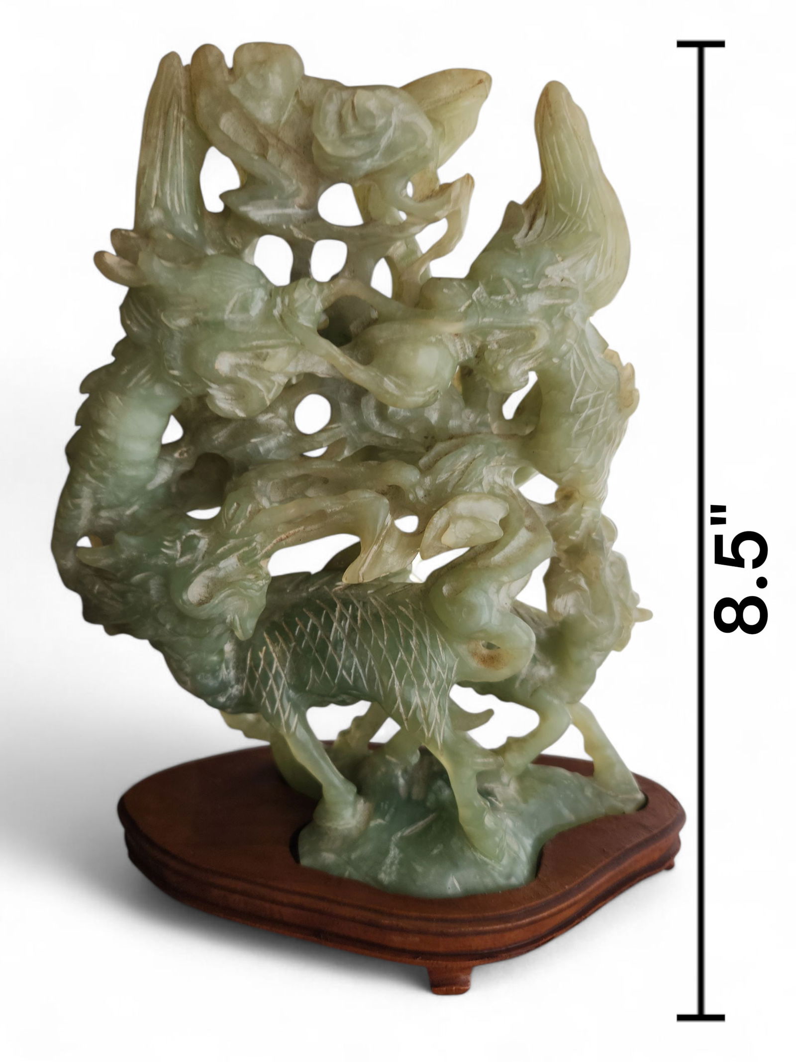 Carved Green Serpentine Jade of Dragon & Qilin: Carved Green Serpentine Jade of Dragon & Qilin, the Qilin is a benevolent mythical creature in the Chinese culture. Height 8.5" Width 7"