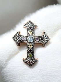 Ornate Sterling Silver Cross Pendant w/ Semi Precious Stones, 54.9 Grams