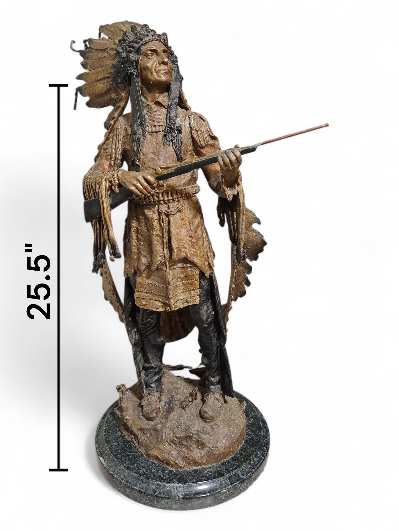 Indian Chief, Bronze Carl Kauba (1865-1922) Austrian: Indian Chief, cast bronze sculpture with brown and green patina with gold highlights, signed, with the circular Thenn Vienna Copyright foundry stamp, 25” tall, overall, 27” including marbl