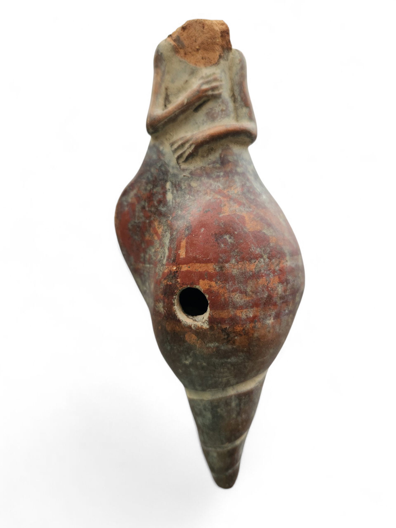 Pre- Columbian Sinu, Ocarina ~ Whistle Vessel: Pre- Columbian Sinu, Ocarina ~ Whistle Vessel. This is missing the face this is how it was found. This was part of a collection from manasota beach Englewood. 6.5" Width