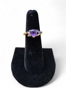 White Gold Amethyst & Diamond Ring, Size 5.5 ~ 2.5 Grams