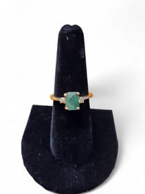 Classic Natural Emerald & Diamond 14k Yellow Gold Ring, Size 7.5 ~
