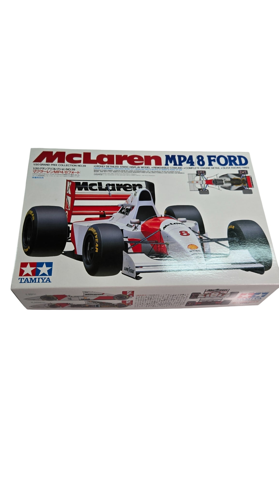 Tamiya McLaren MP4/8 Ford 1/20 Grand Prix Collection No 39 Model Kit: Tamiya McLaren MP4/8 Ford Grand Prix Collection No 39 Model Kit 1/20 Scale Highly Detailed Static Display Model Removable Cowling Kit #20039*1800 Made in Japan Part Bags Sealed, instructio