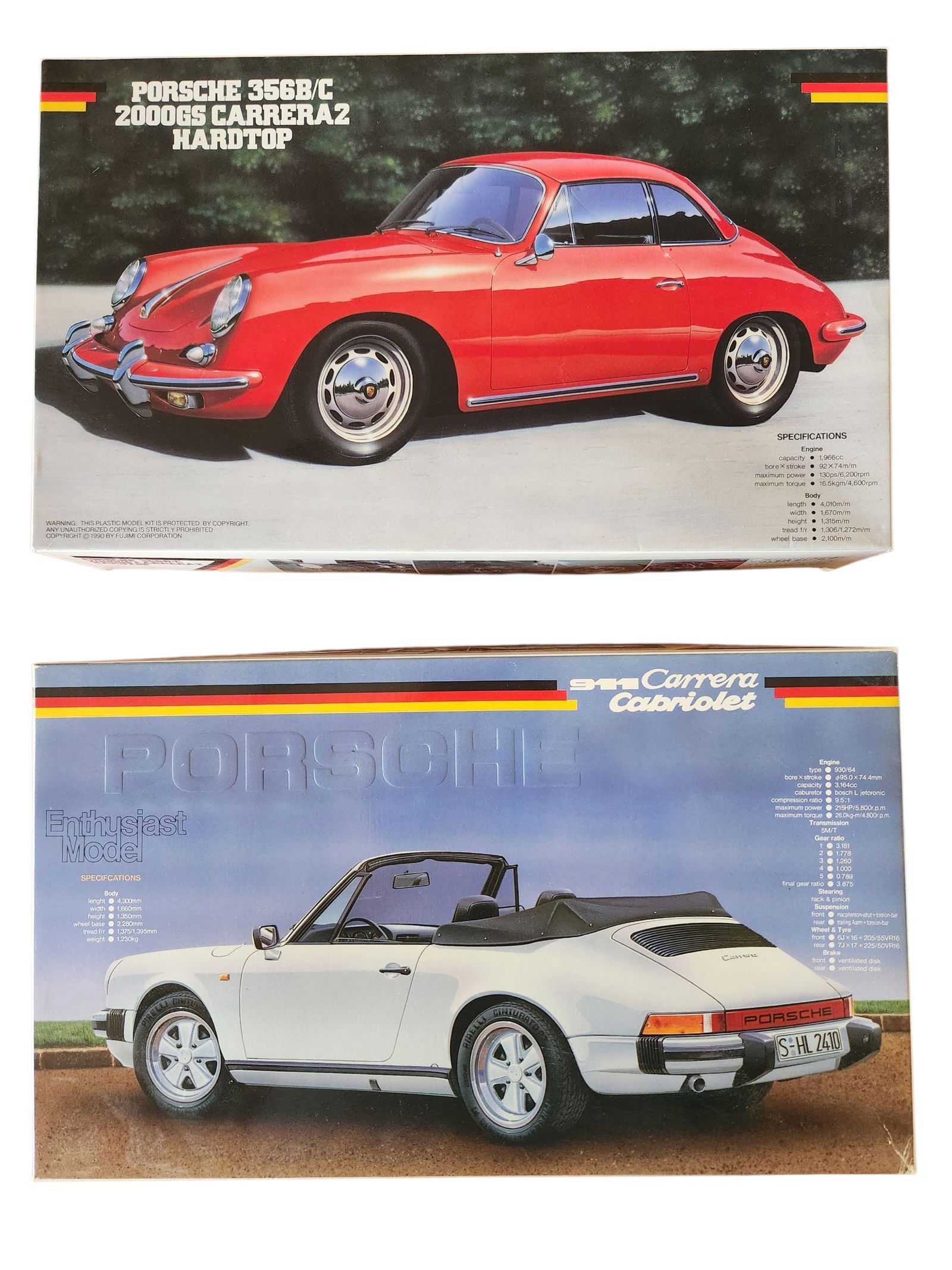 2 Model Car Kits, Porsche 911 Carrera Cabriolet, Porsche 356 B/C 2000 GS Carrera: 2 Model Car Kits, Porsche 911 Carrera Cabriolet, Porsche 356 B/C 2000 GS Carrera. Both kits are not started.