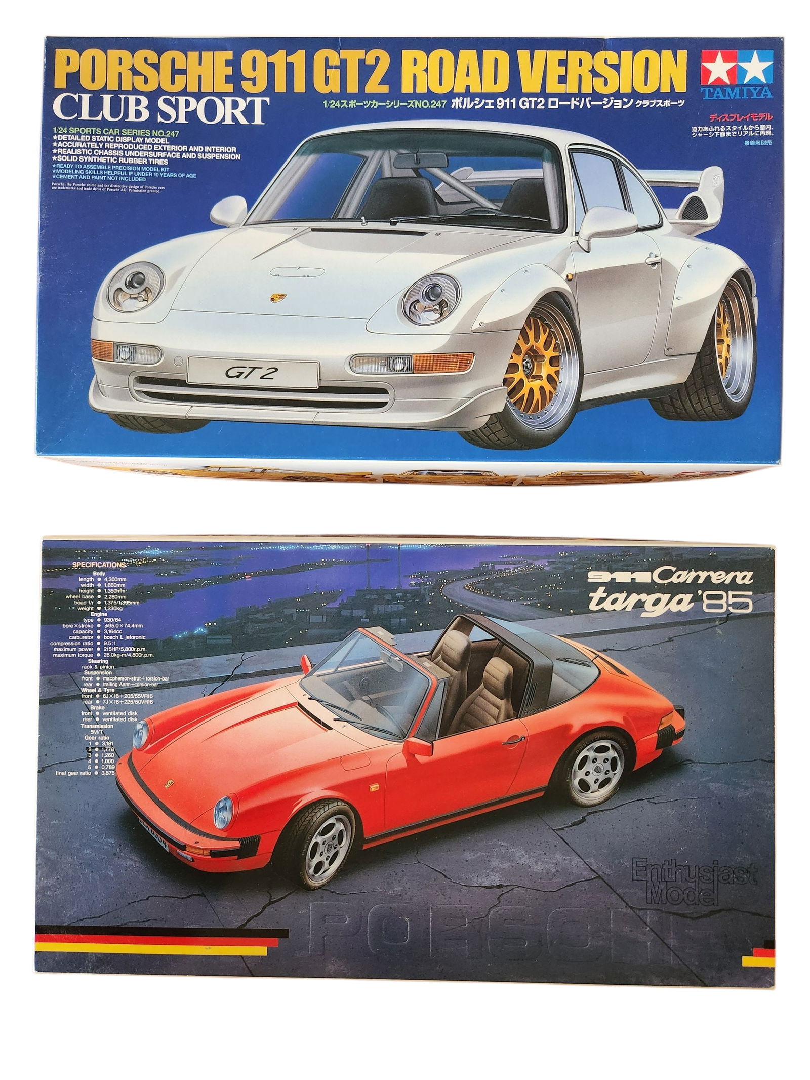 2 Model Car Kits, Porsche 911 GT2 Road Version, Porsche 911 Carrera Targa' 85: 2 Model Car Kits, Fairlady 240 Z, Schnitzer 635 csi BMW Both kits are complete and not started.