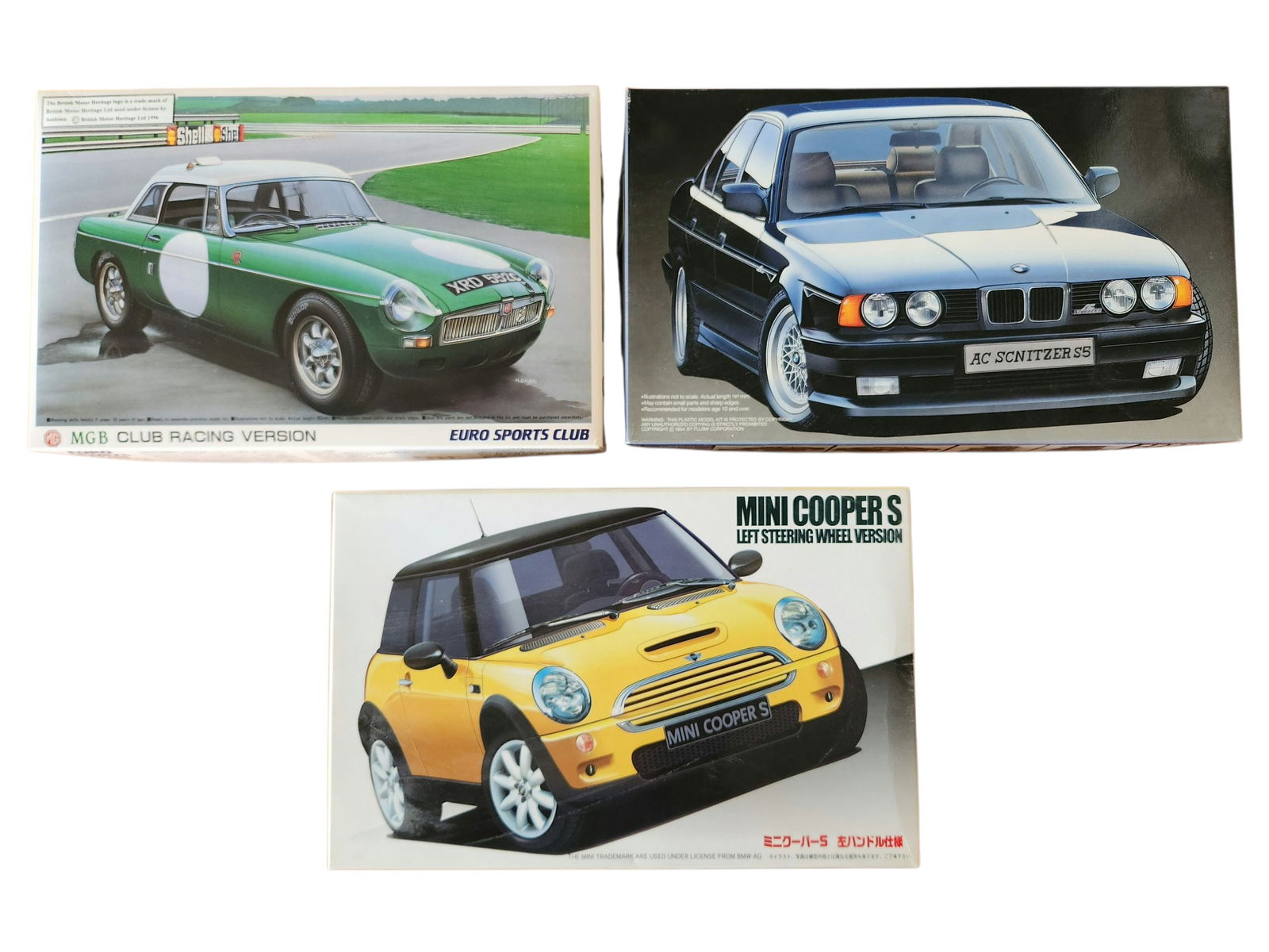 3 Model Car Kits, Mini Cooper S, Schnitzer S5 BMW, MGB 1/24 Scale: 3 Model Car Kits, Mini Cooper S, Schnitzer S5 BMW, MGB 1/24 Scale All kits are not started.
