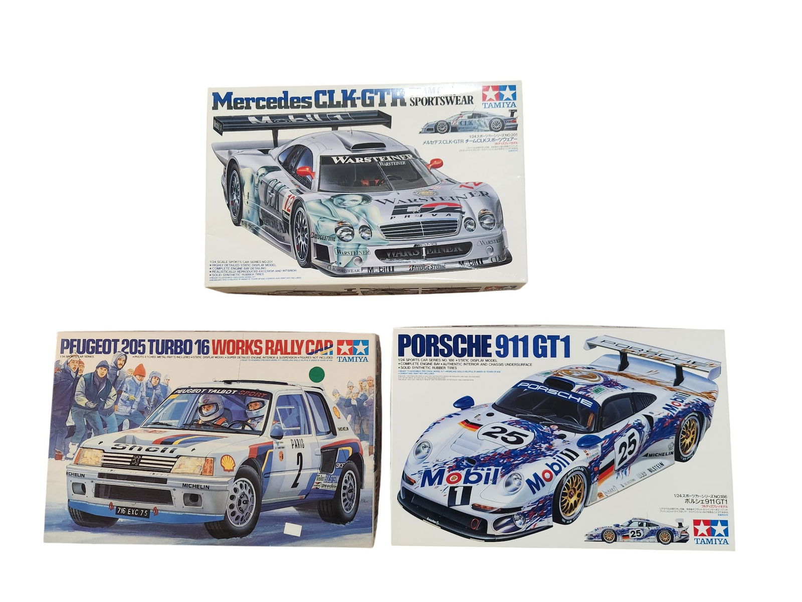 Porsche 911, PFuegot 205 and Mercedes CLK-GTR Model Car Kits: 3 Model Kits Porsche 911 GT1 Pfugeot 205 Turbo 16 Works Rally Car Mercedes CLK-GTR 1/24 Scale