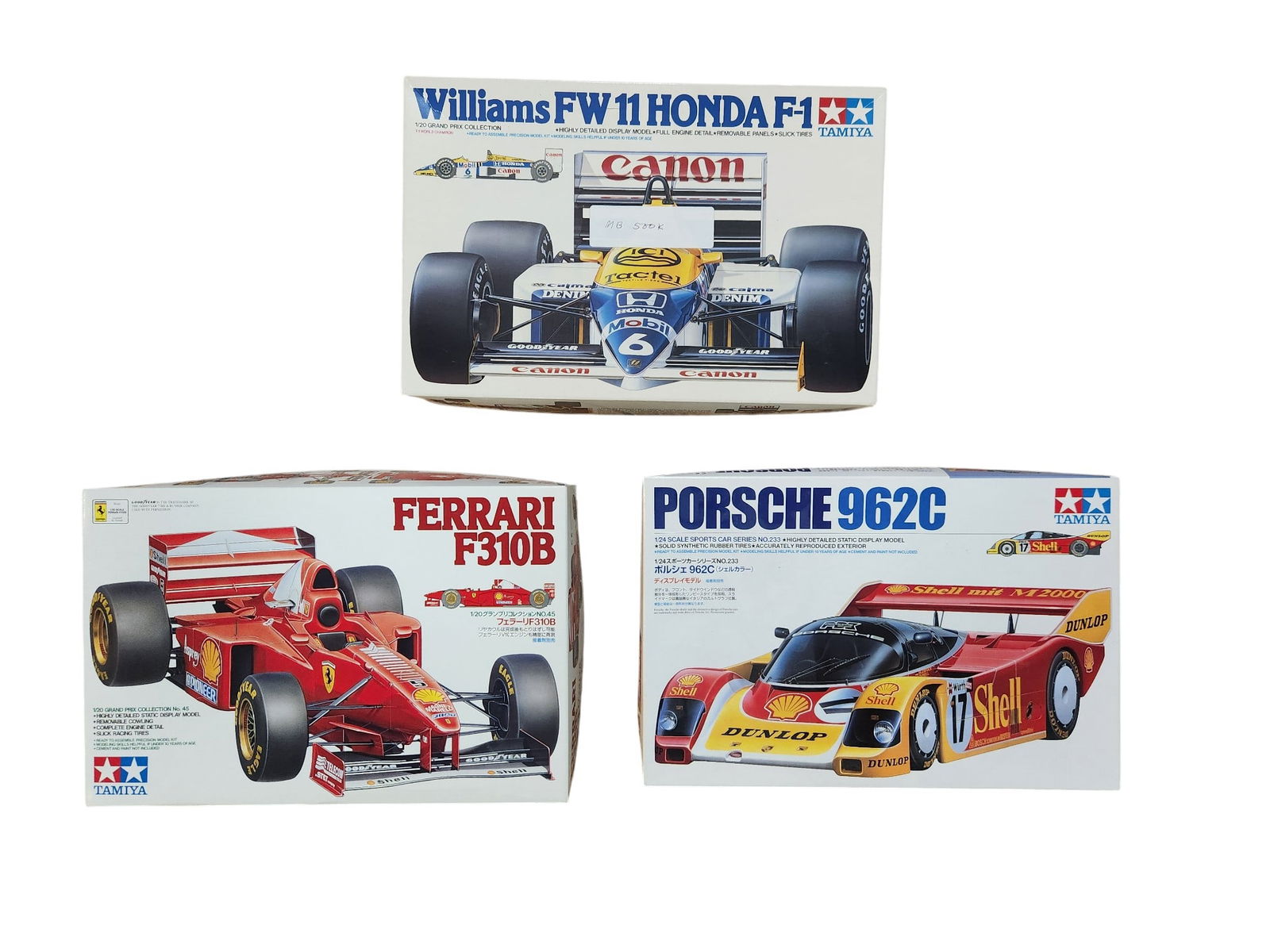 Ferrari F310B, Williams FW-11 Honda F-1 and Porsche 962 C Model Car Kits: Set of 3 Model Car Kits Ferrari F310B Williams FW-11 Honda F-1 Porsche 962 C 1/24 Scale