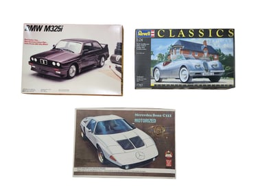 3 Model Car Kits Mercedes Benz C111, Jaguar XK-120 and BMW M325i