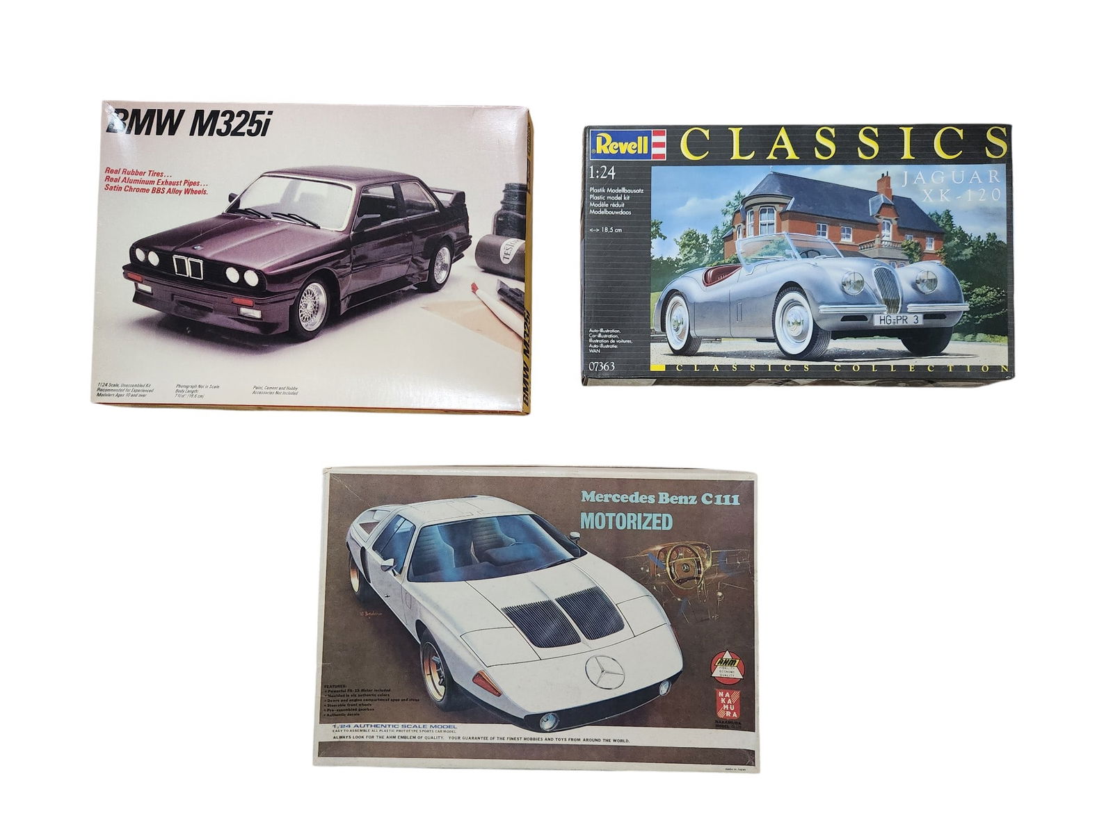 3 Model Car Kits Mercedes Benz C111, Jaguar XK-120 and BMW M325i: 3 Model Car Kits Mercedes Benz C111 Jaguar XK-120 BMW M325i 1/24 Scale