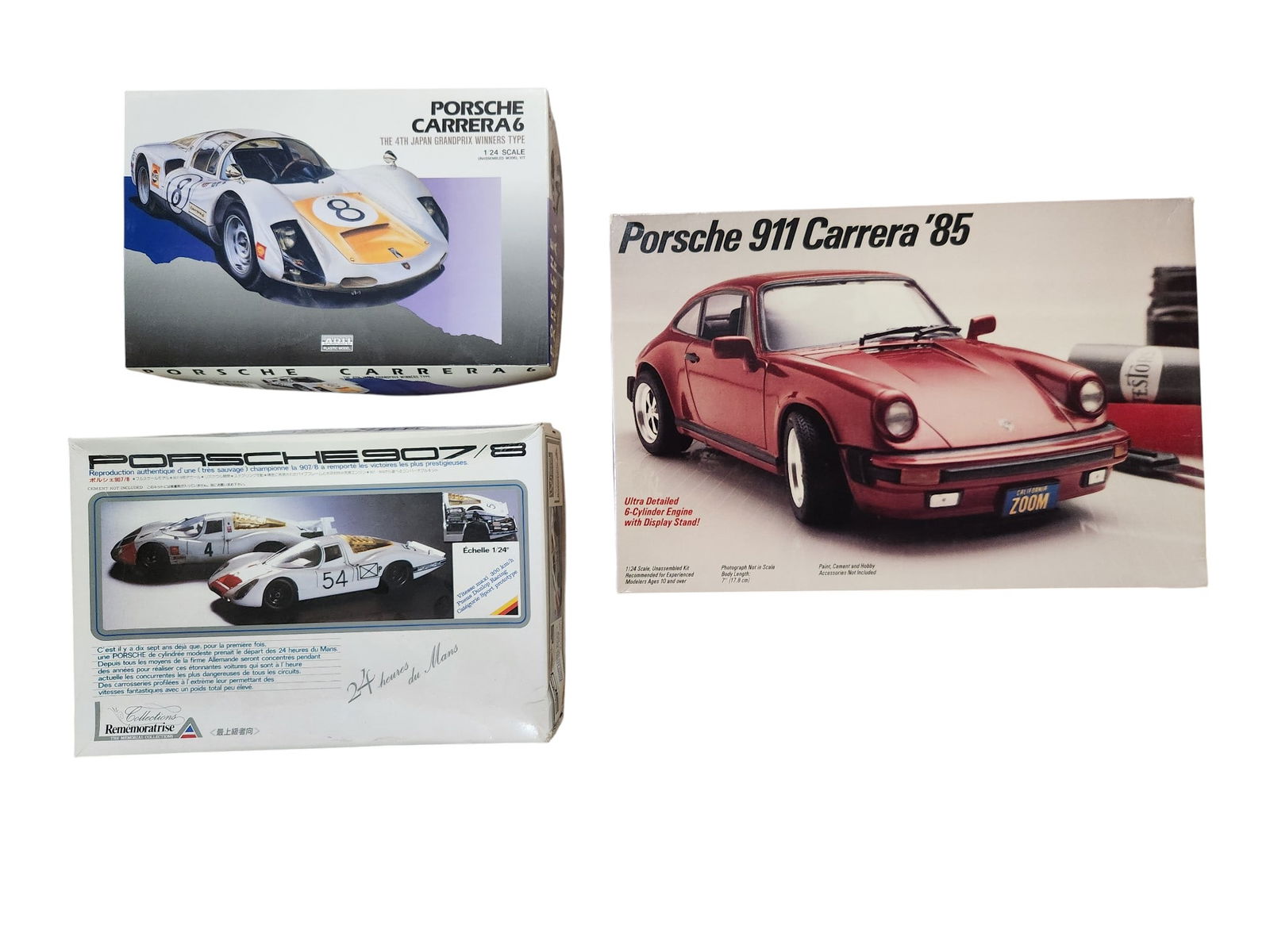 3 Model Car Kits Porsche 907/8, Porsche Carrera 6 and Porsche 911 Carrera: 3 Model Car Kits Porsche 907/8 Porsche Carrera 6 Porsche 911 Carrera '85 1/24 Scale