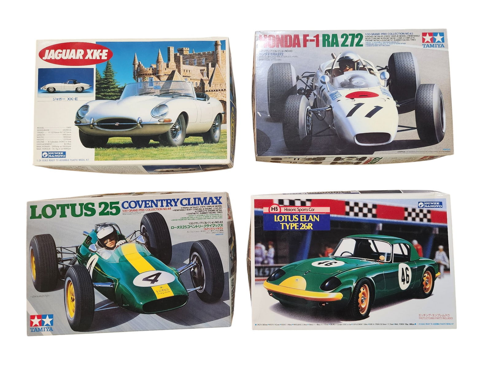 Jaguar XK-E, Honda F-1 FA272, Lotus 25 Coventry Climax and Lotus Elan Type 26R Model Kits: 4 Model Car Kits Jaguar XK-E 1/20 Scale Honda F-1 RA272 1/20 Scale Lotus 25 Coventry Climax 1/20 Scale Lotus Elan Type 26R 1/24 Scale
