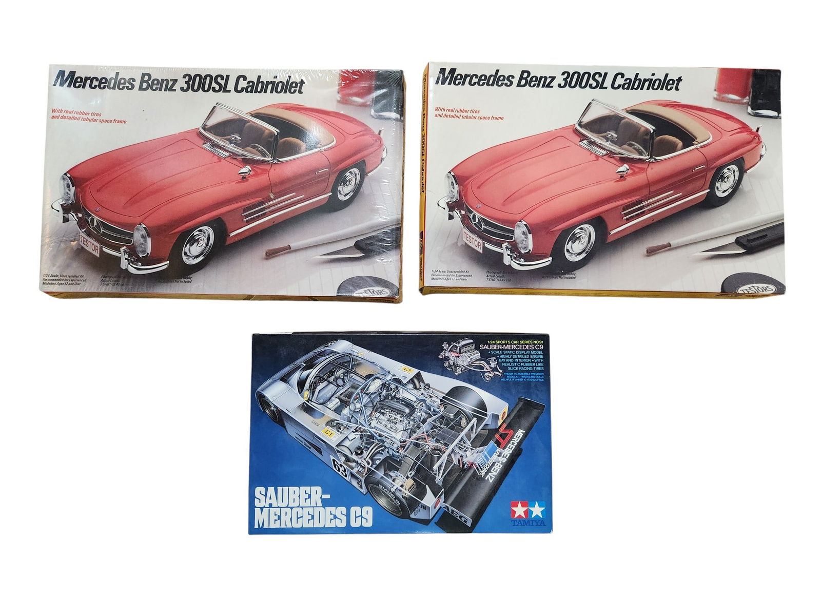 Sauber-Mercedez C9, Mercedes Benz 300SL and Mercedes Benz 300SL NIB Model Car Kits: 3 Model Car Kits Sauber-Mercedes C9 Mercedes Benz 300SL Cabriolet Mercedes Benz 300 SL Cabriolet, factory sealed box
