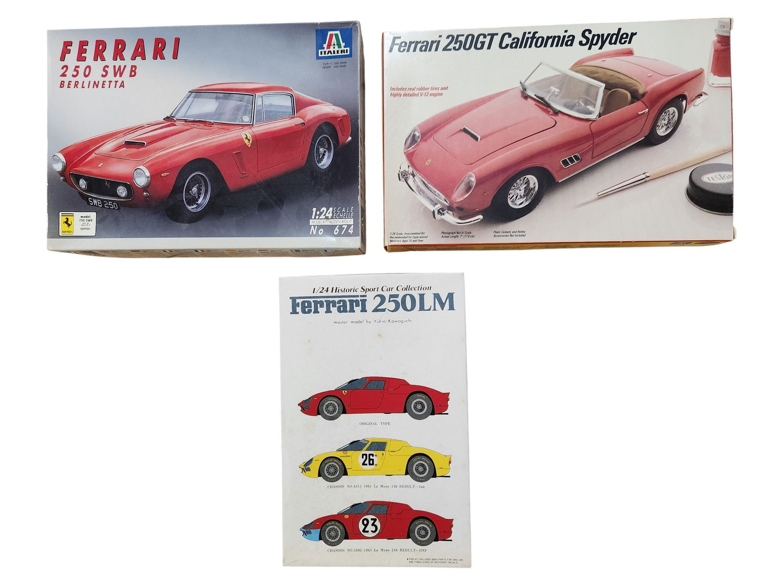 Ferrari 250LM, Ferrari 250SWB Berlinetta and Ferrari 250GT California Spyder Model Car Kits: 3 Model Car Kits Ferrari 250LM Ferrari 250 SWB Berlinetta Ferrari 250GT California Spyder 1/24 Scale