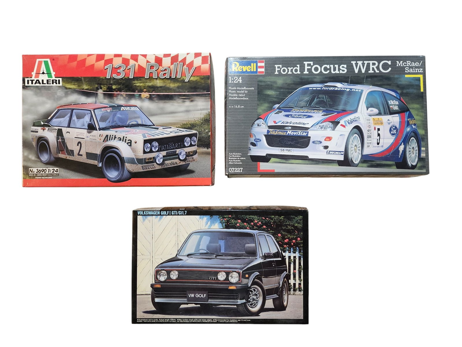 Volkswagen Golf I GTI/Ci1,7, Ford Focus WRC and 131 Rally Model Car Kits: 3 Model Car Kits Volkswagen Golf I GTI/Ci1,7 Ford Focus WRC McRae/Sainz 131 Rally 1/24 Scale