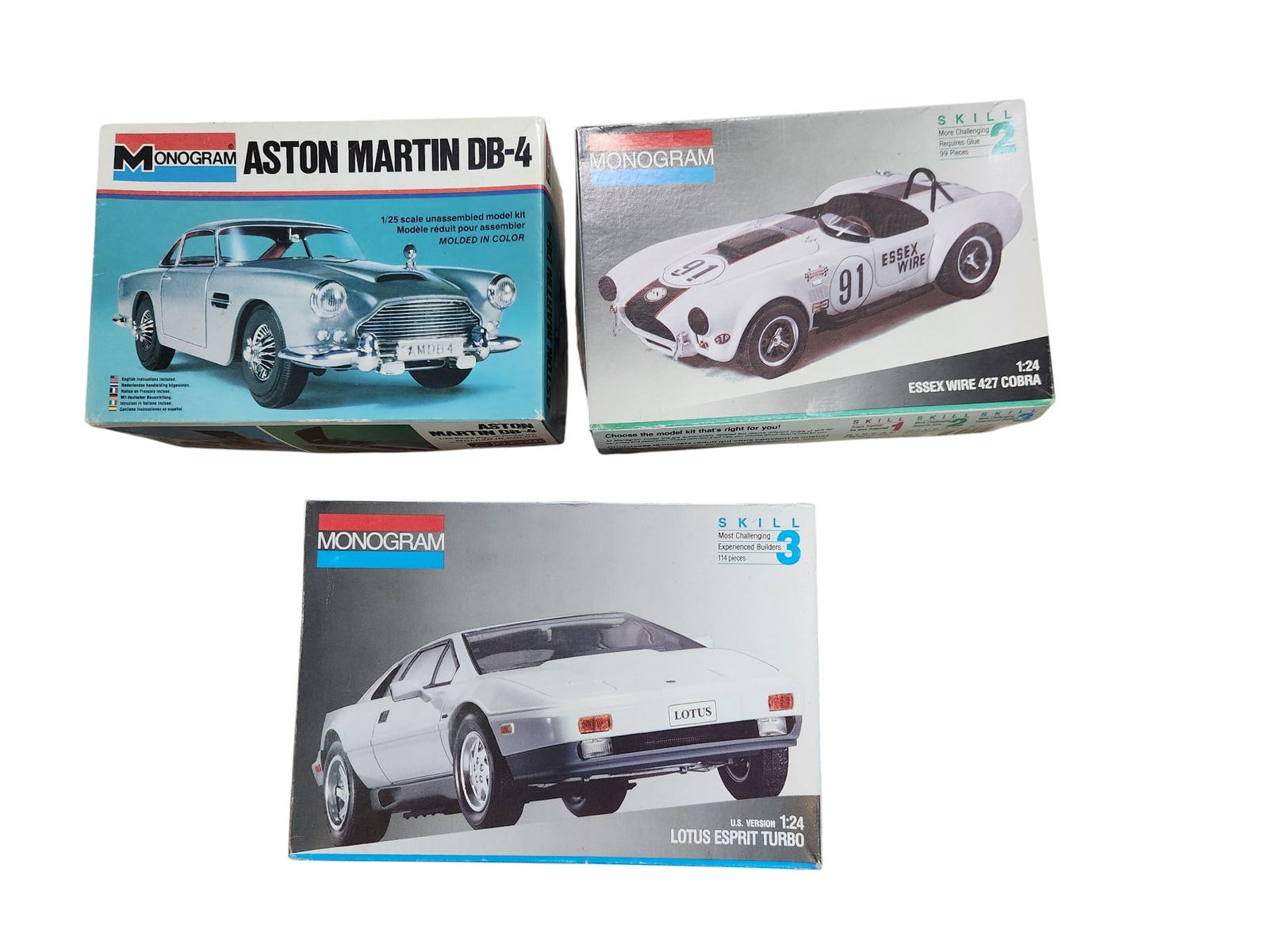 Aston Martin DB-4, Essex Wire 427 Cobra and Lotus Esprit Turbo Model Car Kits: 3 Model Car Kits Aston Martin DB-4 Essex Wire 427 Cobra Lotus Esprit Turbo 1/24 Scale