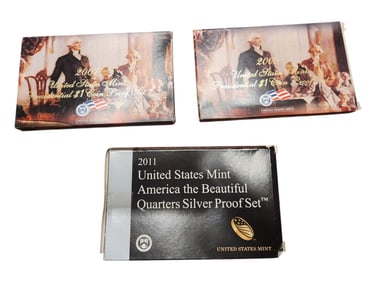 Set of 3 2011 SIlver Proof Quarters, 2007 Proof Dollars, 2009 Proof Dollars
