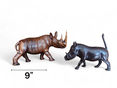 Hand Carved Wood Rhino & Warthog