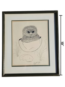 EGGBERT Baby Barred Owl, Ink Drawing, Signed Be'EKKA