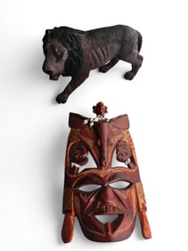 Carved Tribal Mask & Resin Lion Carving
