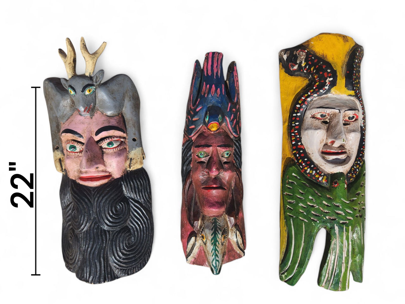 3 Mexican Folk Art Mask, Guerrero, Carved Wood Faces, Hand Painted Multi Colors: 3 Mexican Folk Art Mask, Guerrero, Carved Wood Faces, Hand Painted Multi Colors. Height Average 22-25"