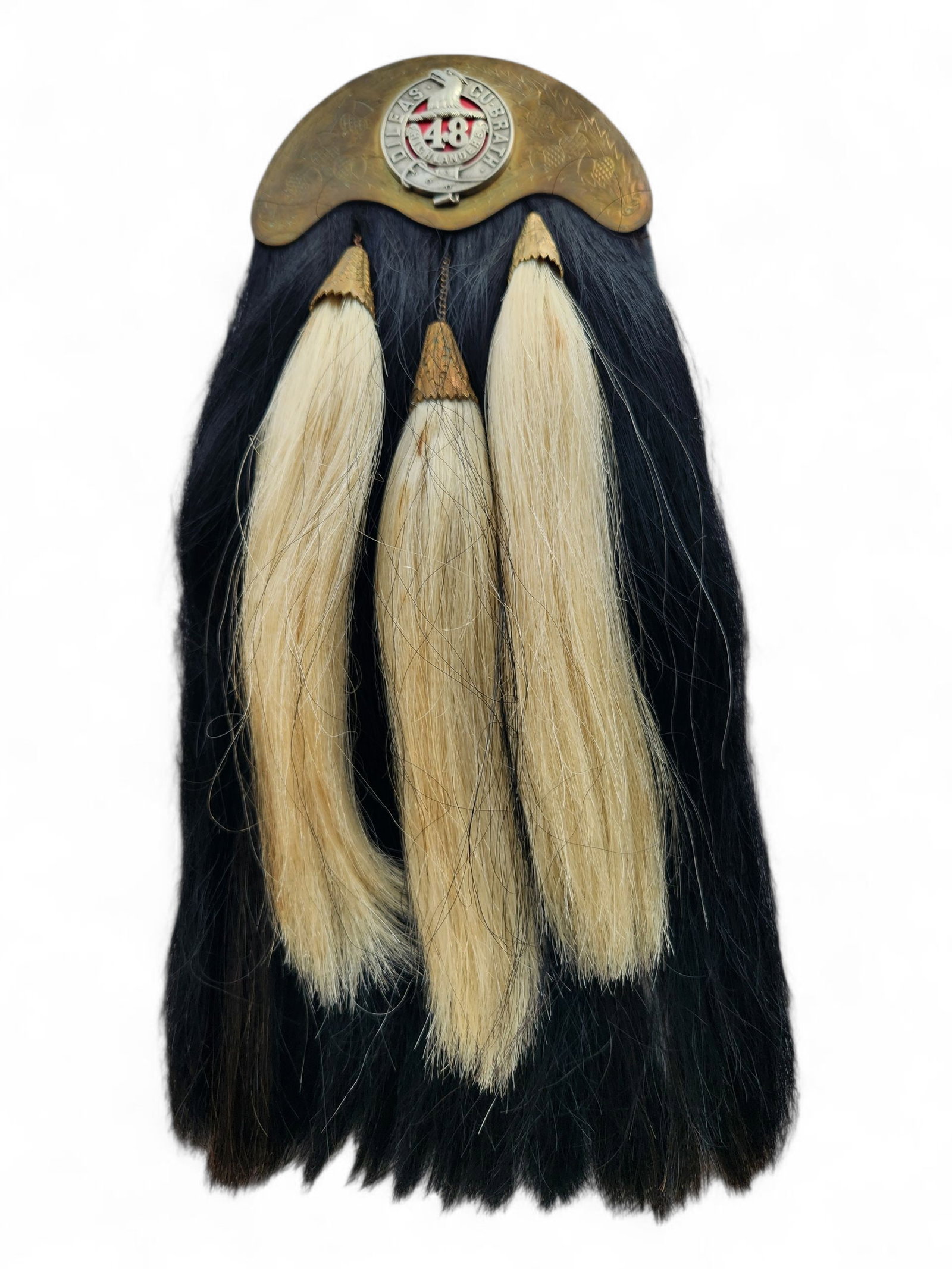 48 Highlanders Silverplate, Leather and Horse Hair Scottish Dress Sporran: 48 Highlanders Silverplate, Leather and Horse Hair Scottish Dress Sporran, These were worn as part of the Scottish Highland dress. 18" Height Width 9"