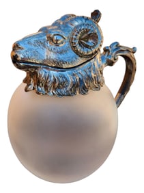 Carole Stupell Frosted Glass Ram Head Pitcher Silverplate
