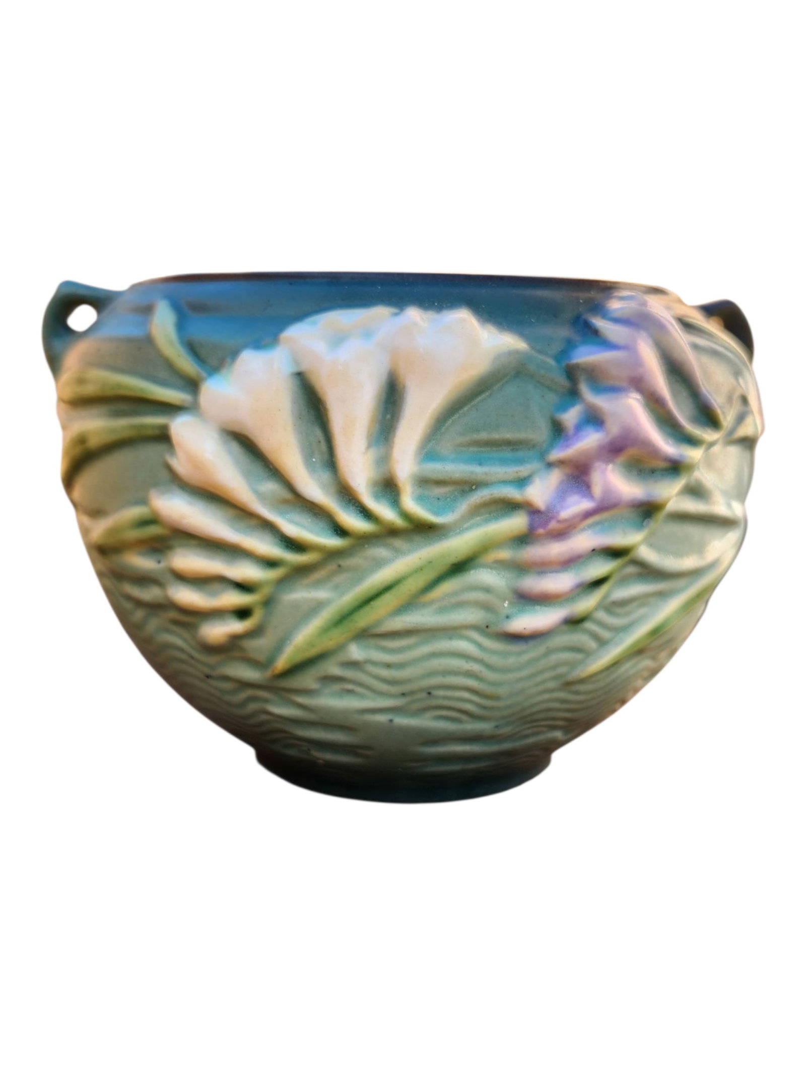 Roseville Pottery Freesia Blue Jardinière: Roseville Pottery Freesia Blue Jardinière Height 4.25" Width 6.25"