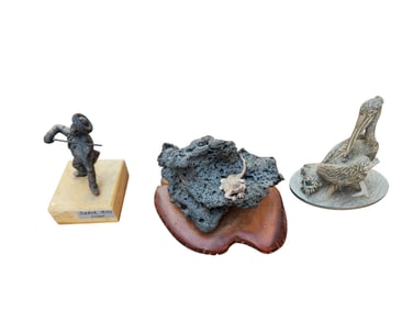 3 Pewter Figurines, Pelican ~ Galapagos Lava Rock ~ Israel Violinist