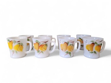 Vintage Anchor Hocking Hand Painted Peaches Milk Glass Cups
