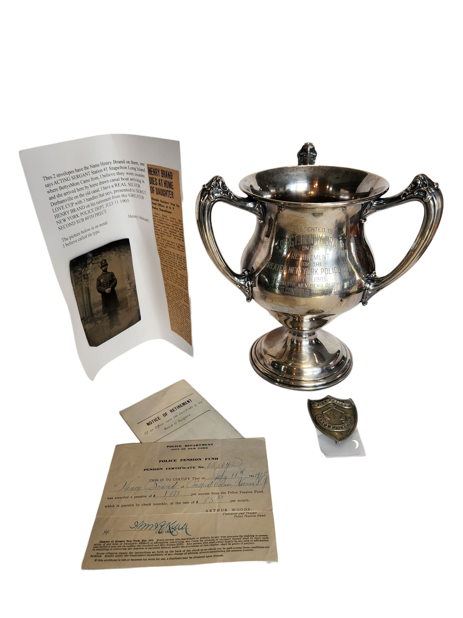 Antique New York Police Sergeant Memorabilia ~ Retirement Trophy, Badge, Tin Type, Pension Papers: Antique New York Police Sergeant Memorabilia ~ Retirement Trophy, Badge, Tintype, Pension Papers An exceptional and historically rich collection directly from the family of Henry Brand, a respected Po