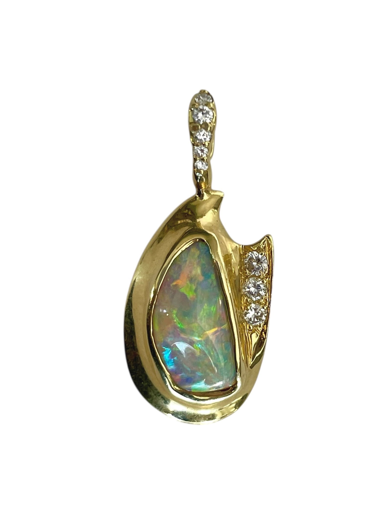 18K Yellow Gold Opal and Diamond Freeform Pendant ~ 7.1 g: 18K Yellow Gold Opal and Diamond Freeform Pendant ~ 7.1 g 1 3/8" long. Marked 18KP.