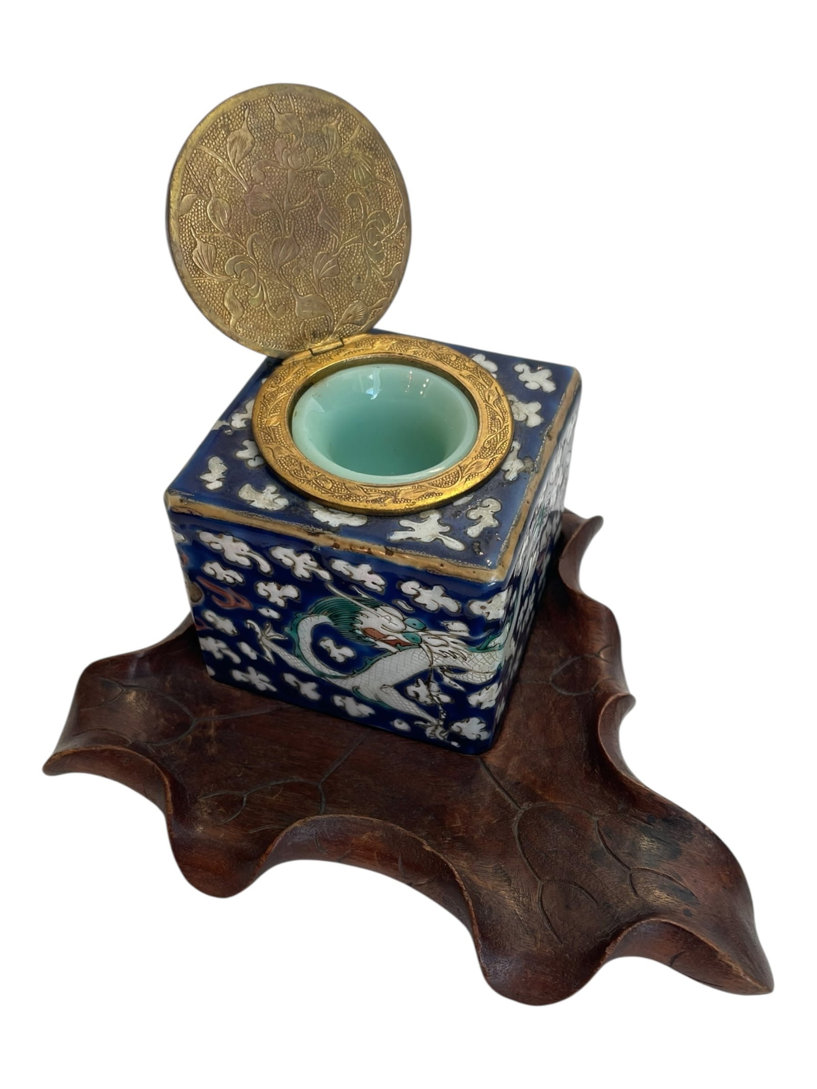 Cloisonne Style Porcelain Dragon Decorated Inkwell with Liner: Cloisonne Style Porcelain Dragon Decorated Inkwell with Liner on Wood Stand Height: 2.25" Depth: 2.5" Width: 2.5"