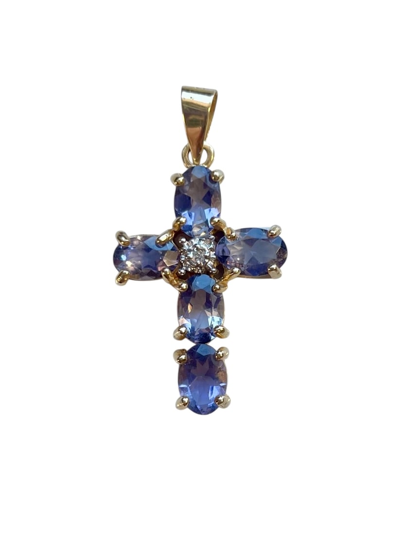 Tanzanite and Diamond Cross Pendant, 14K Gold ~ 1.8 grams (1 of 2)