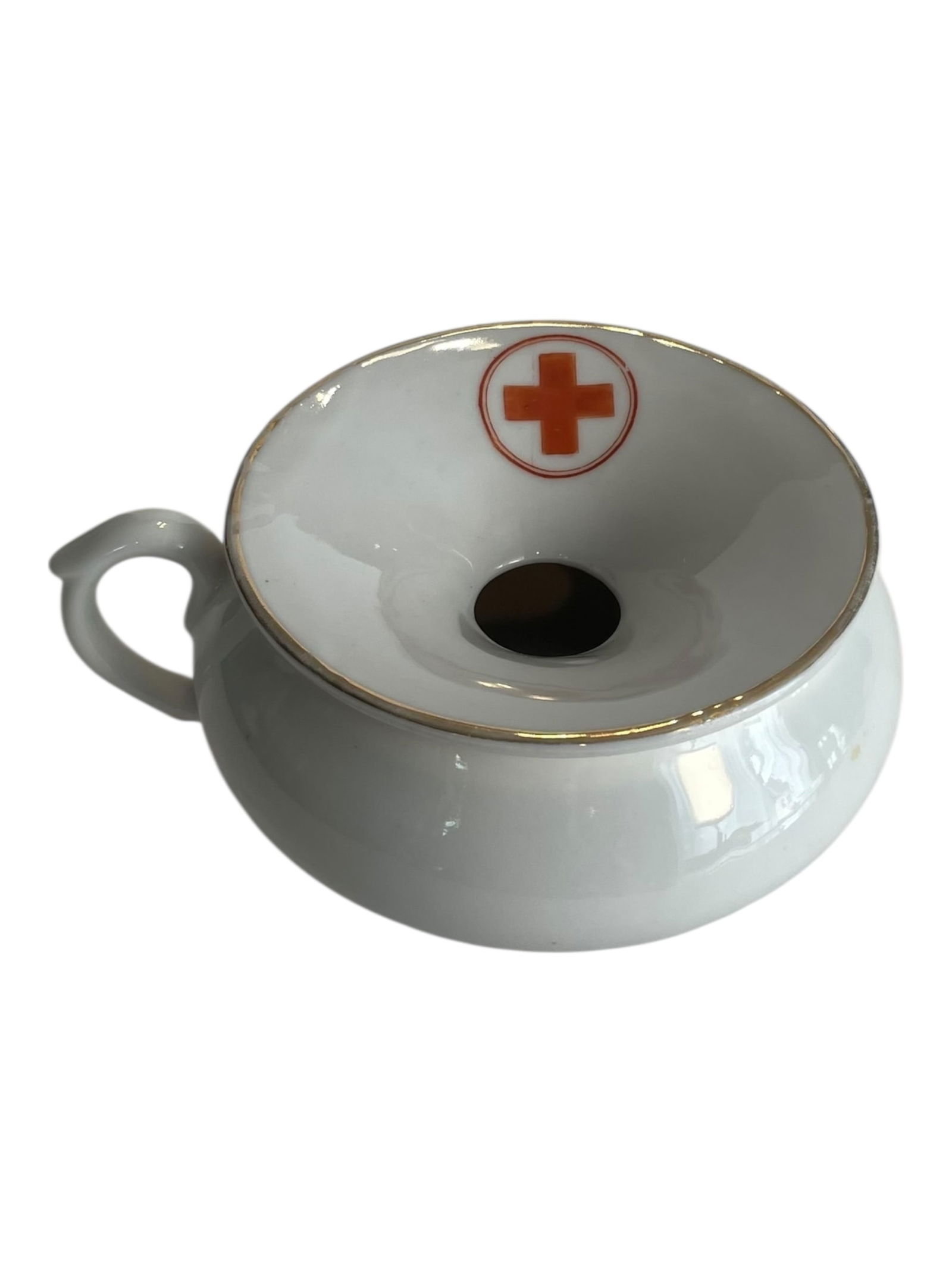 Antique Red Cross Invalid Spittle Cup: Antique Red Cross Invalid Spittle Cup Two-piece small spittoon style nursing aid. 5.5" wide with handle, 2.5" tall