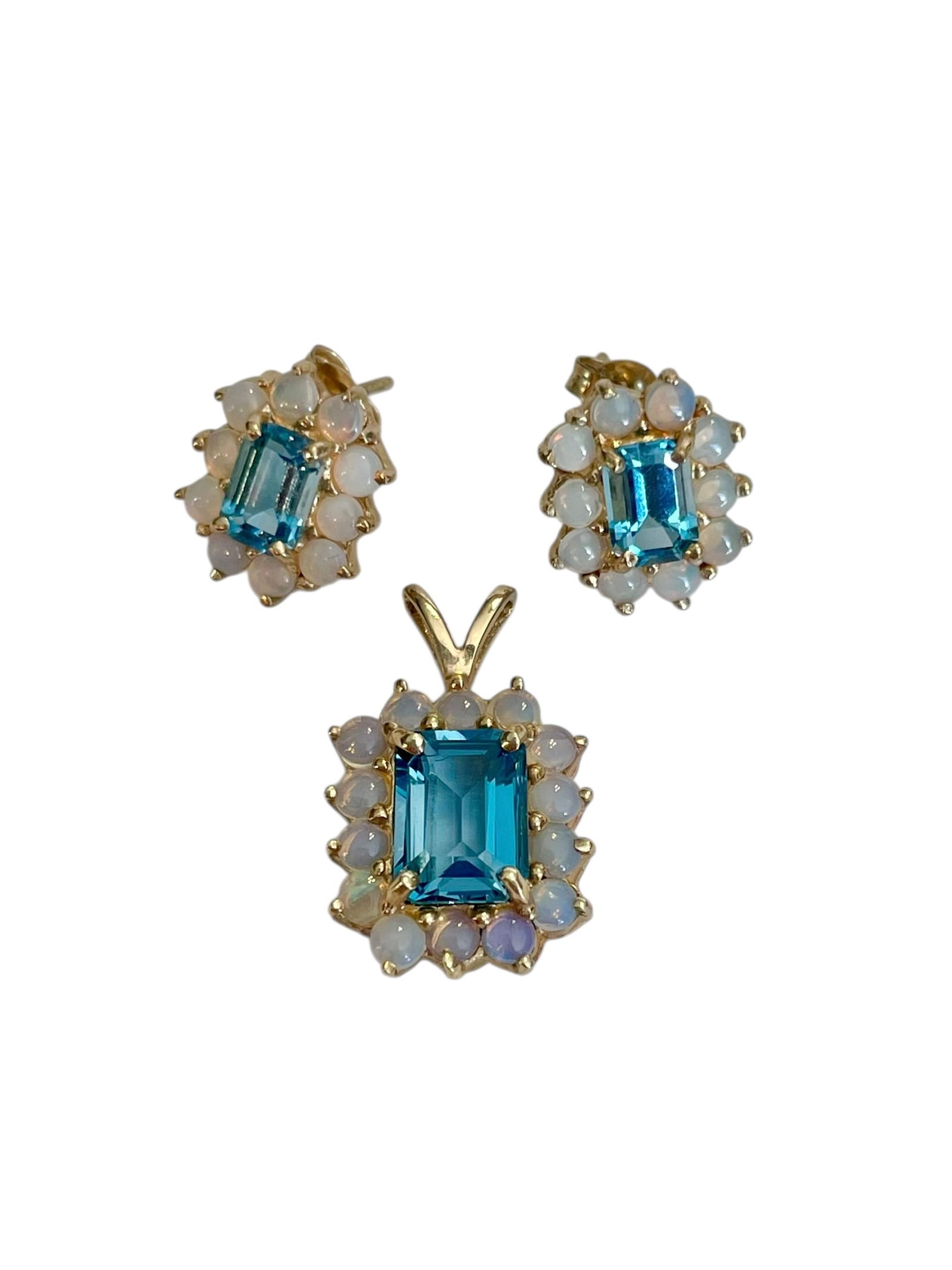 14K Gold Blue Topaz Pendant and Earrings ~ 4.0 grams: 14K Gold Blue Topaz Pendant and Earrings ~ 4.0 grams Small pendant and pierced earrings in yellow gold, marked 14K. Pendant is about 3/4" length.