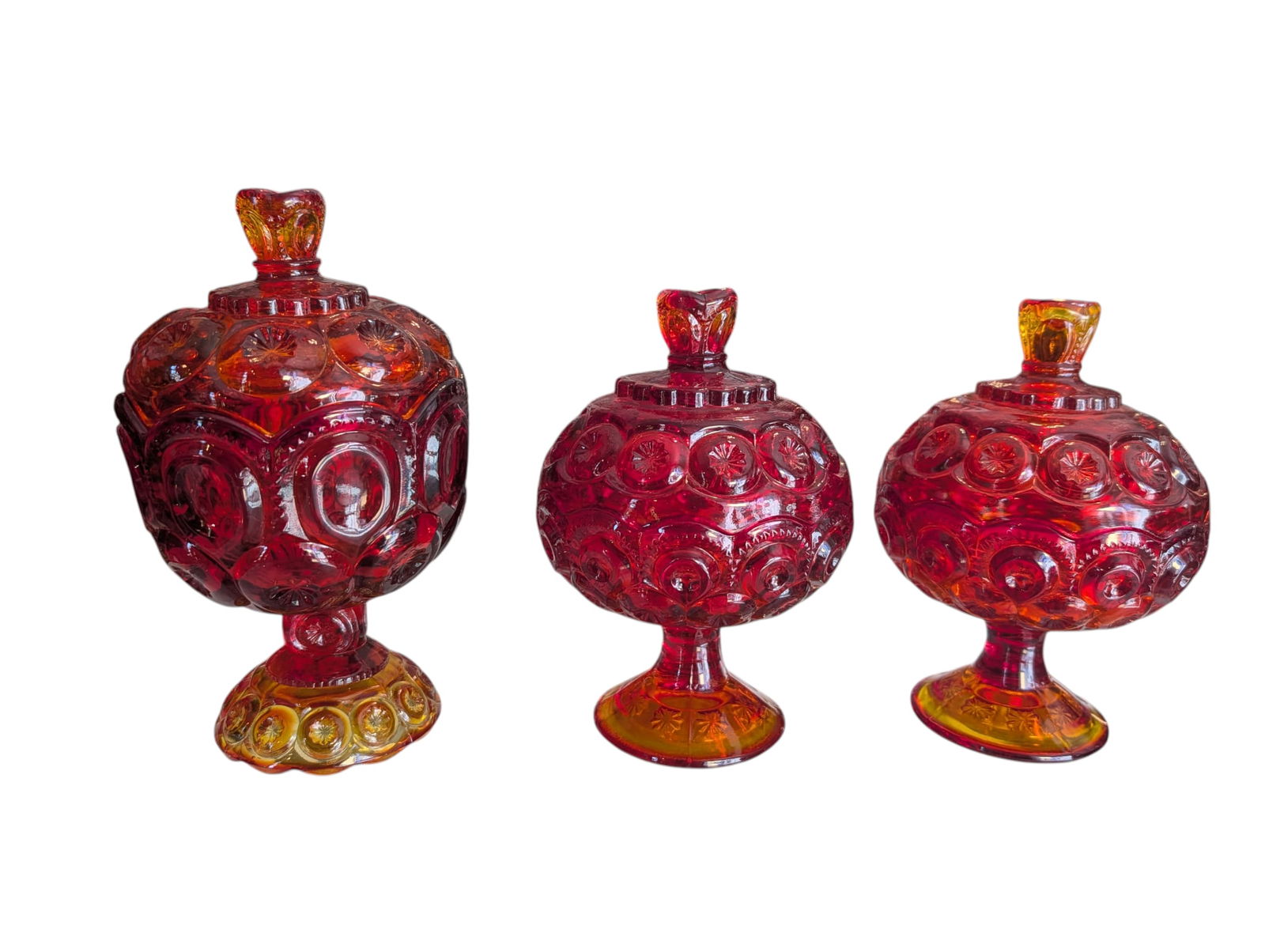 Group of 3 Amberina Glass Moon & Star Pattern Covered Candy Dishes (1 of 5)