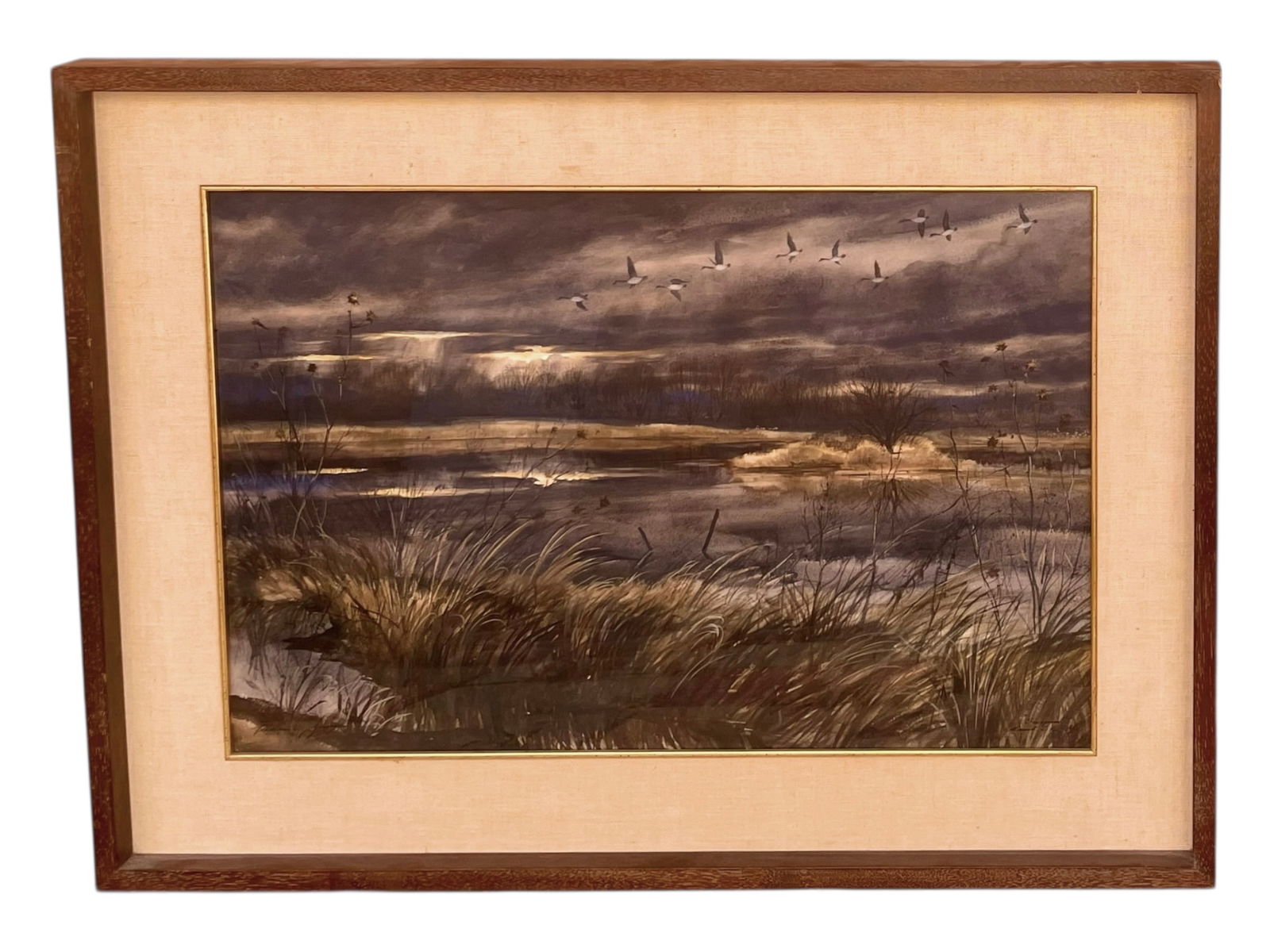 "Swopes" Nature Scene Watercolor by Frederic James: "Swopes" Nature Scene Watercolor by Frederic James An original watercolor painting of birds in flight over a lake by Missouri artist Frederic James. Signed in lower left. 37" x 28"