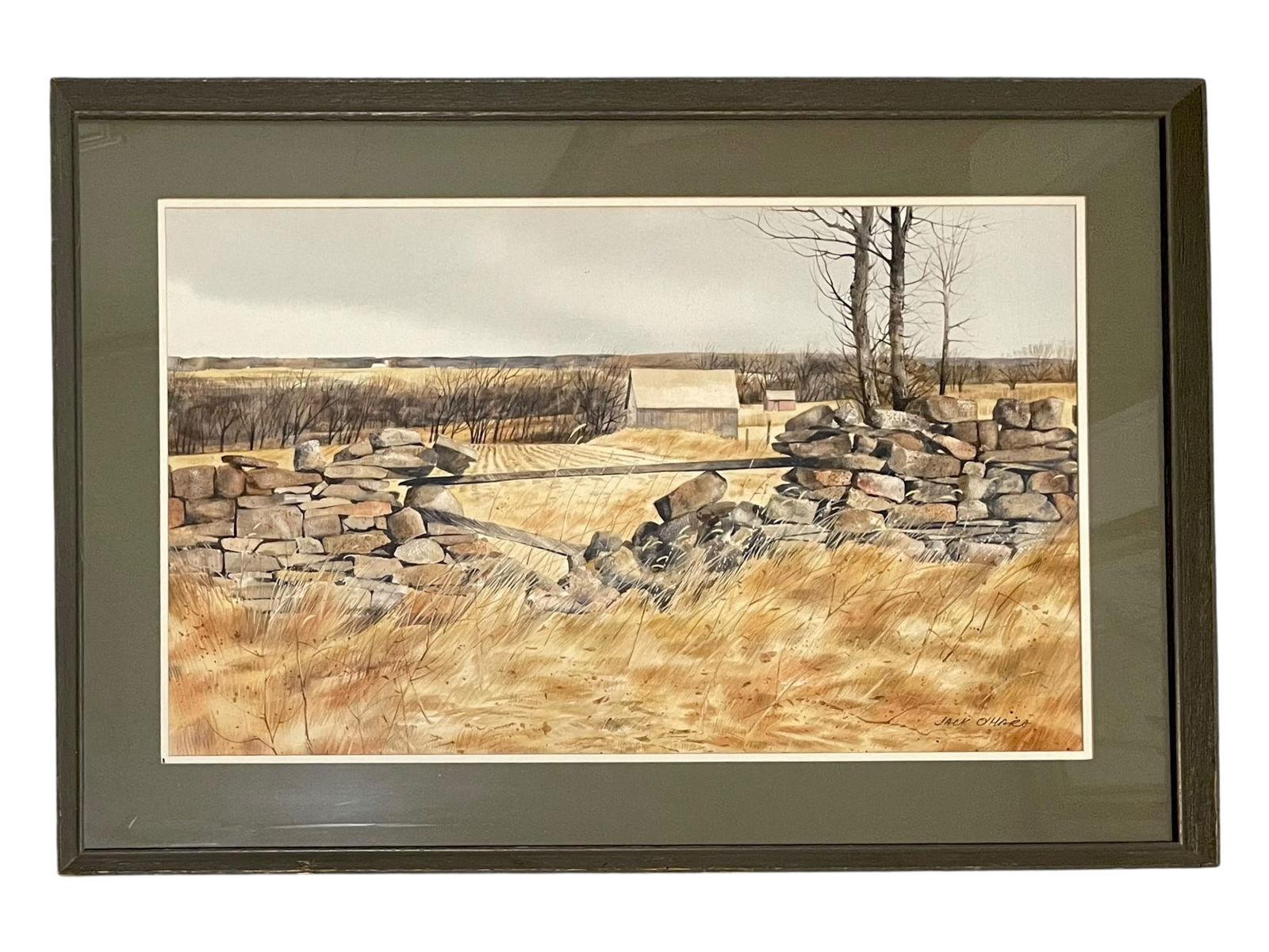 Jack O'Hara Watercolor Painting: Jack O'Hara Watercolor Painting Framed under glass, signed in lower right by Kansas City artist. Framed size: 35" x 24"