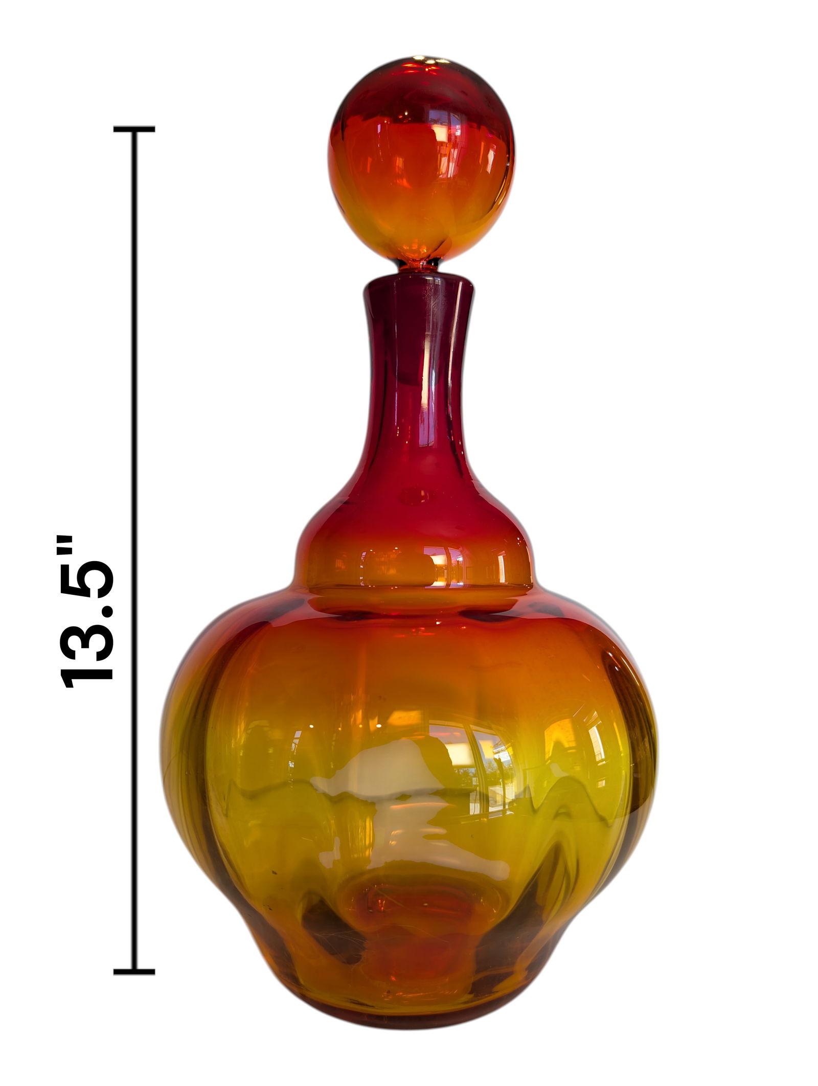 Large Blenko Mid Century Modern Ribbed Amberina Decanter: Large Blenko Mid Century Modern Ribbed Amberina Decanter. The outside of the decanter is smooth but has look of ribbed. Height 13.5" Width 7"