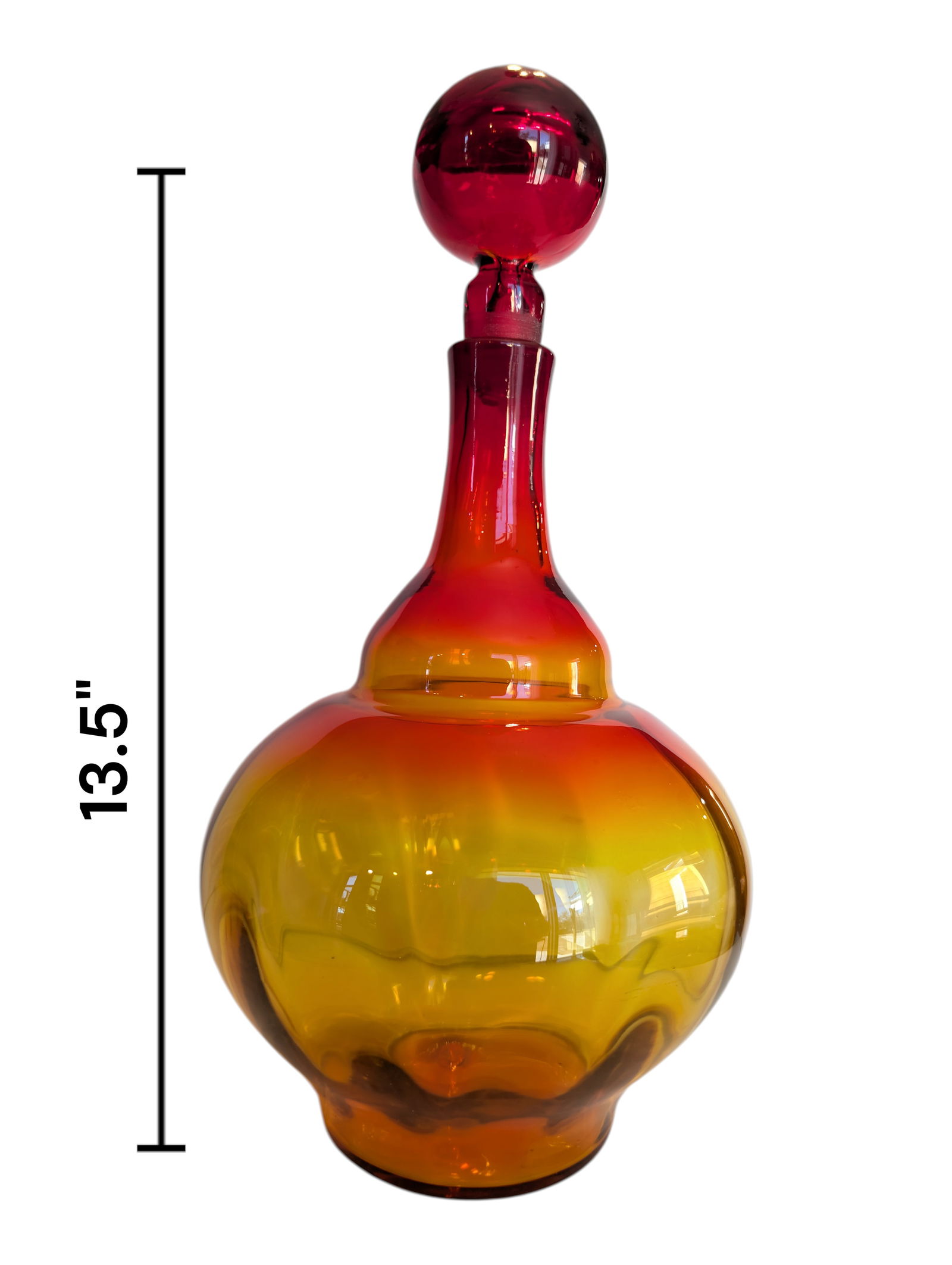 Large Blenko Mid Century Modern Ribbed Amberina Decanter: Large Blenko Mid Century Modern Ribbed Amberina Decanter. The outside of the decanter is smooth but has look of ribbed.Height 13.5"Width 7"