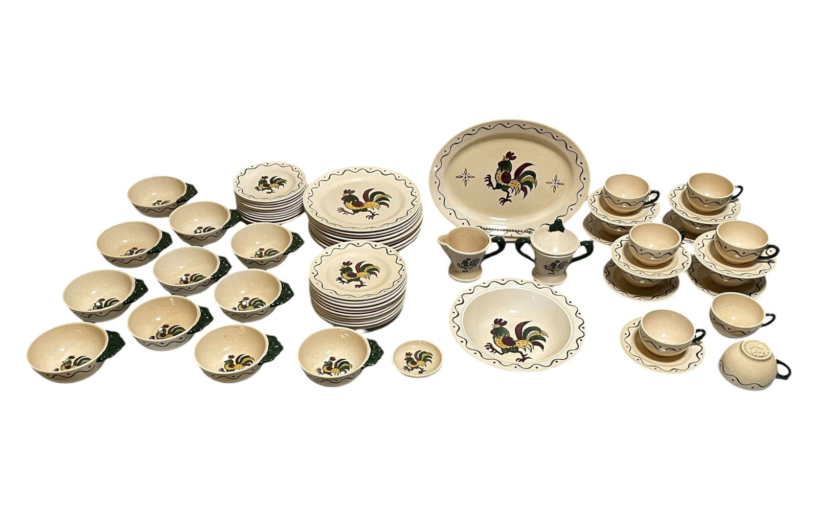 Metlox Poppytrail California Provincial Rooster Dinnerware Set, 66 Pieces: Metlox Poppytrail California Provincial Rooster Dinnerware Set, 66 Pieces (9) 10" plates (11) 7.5" plates (10) 6.5" plates (11) 5" bowls (11) cups (9) saucers (1) 10" serving bowl (1) 13.5" wide oval
