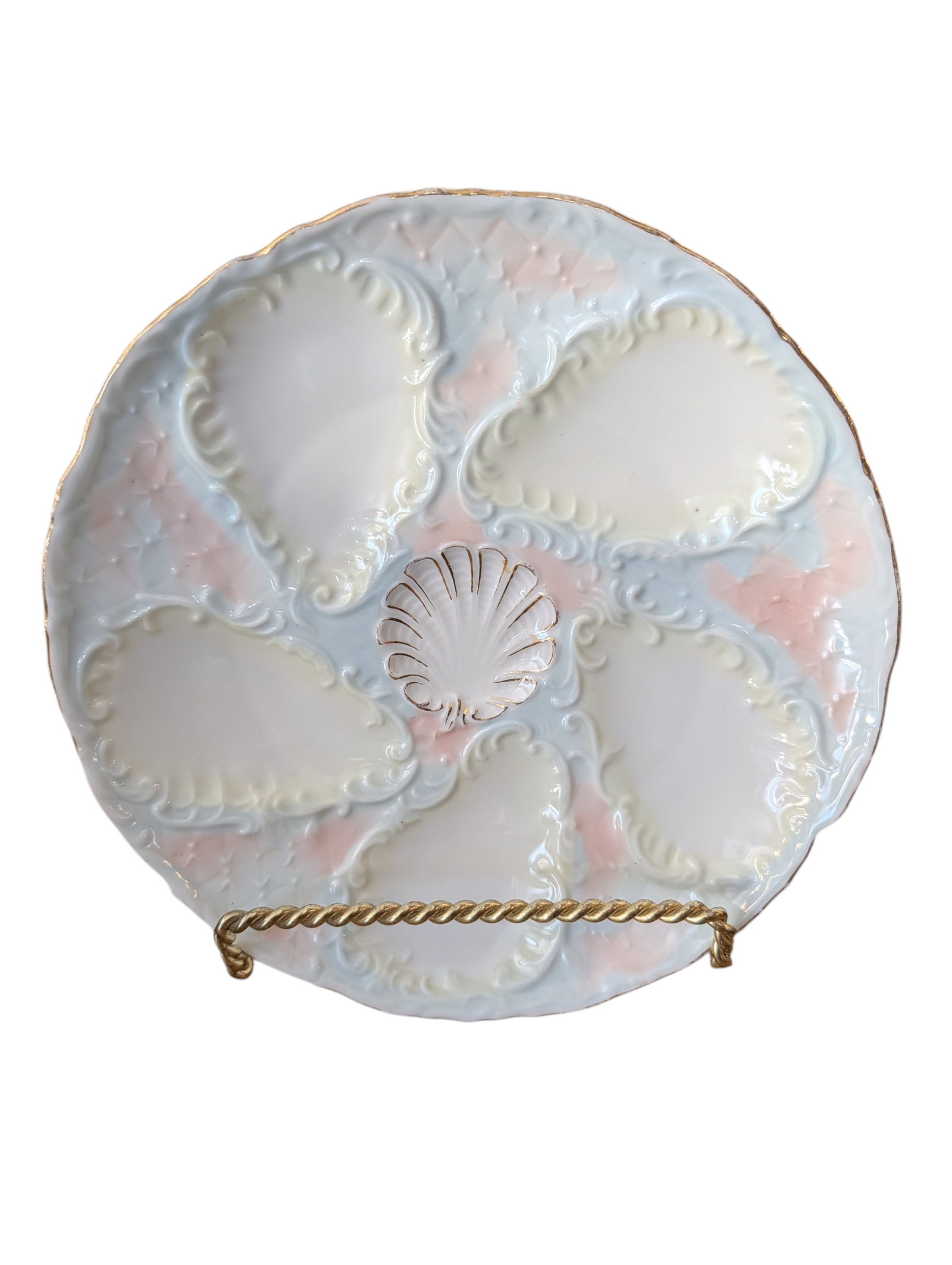 Antique Light Pink & Blue Ceramic Oyster Plate ~ Unmarked (1 of 4)