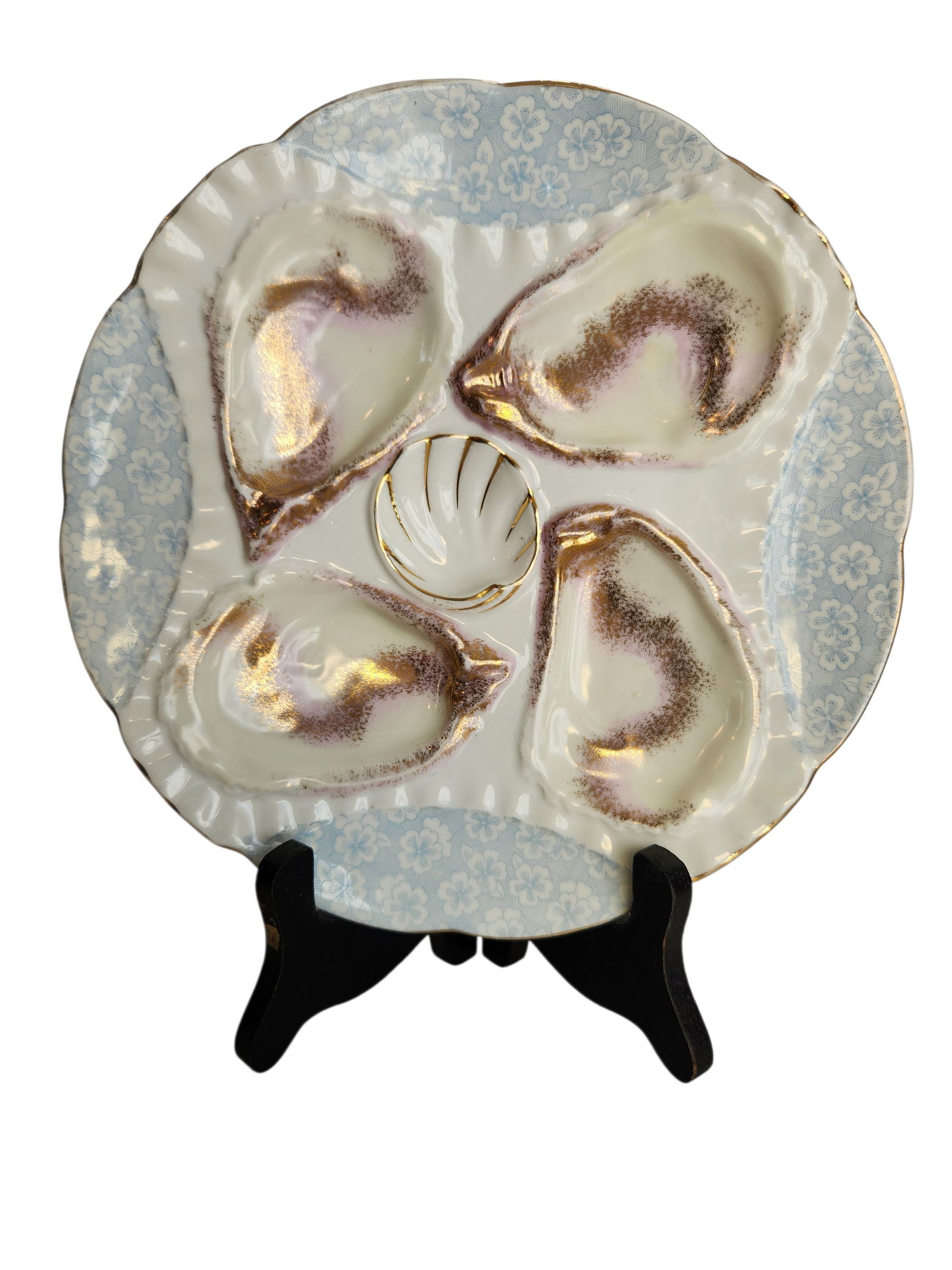 Weimer Blue & Pink Floral Oyster Plate 4 Well , ca 1880's (1 of 4)